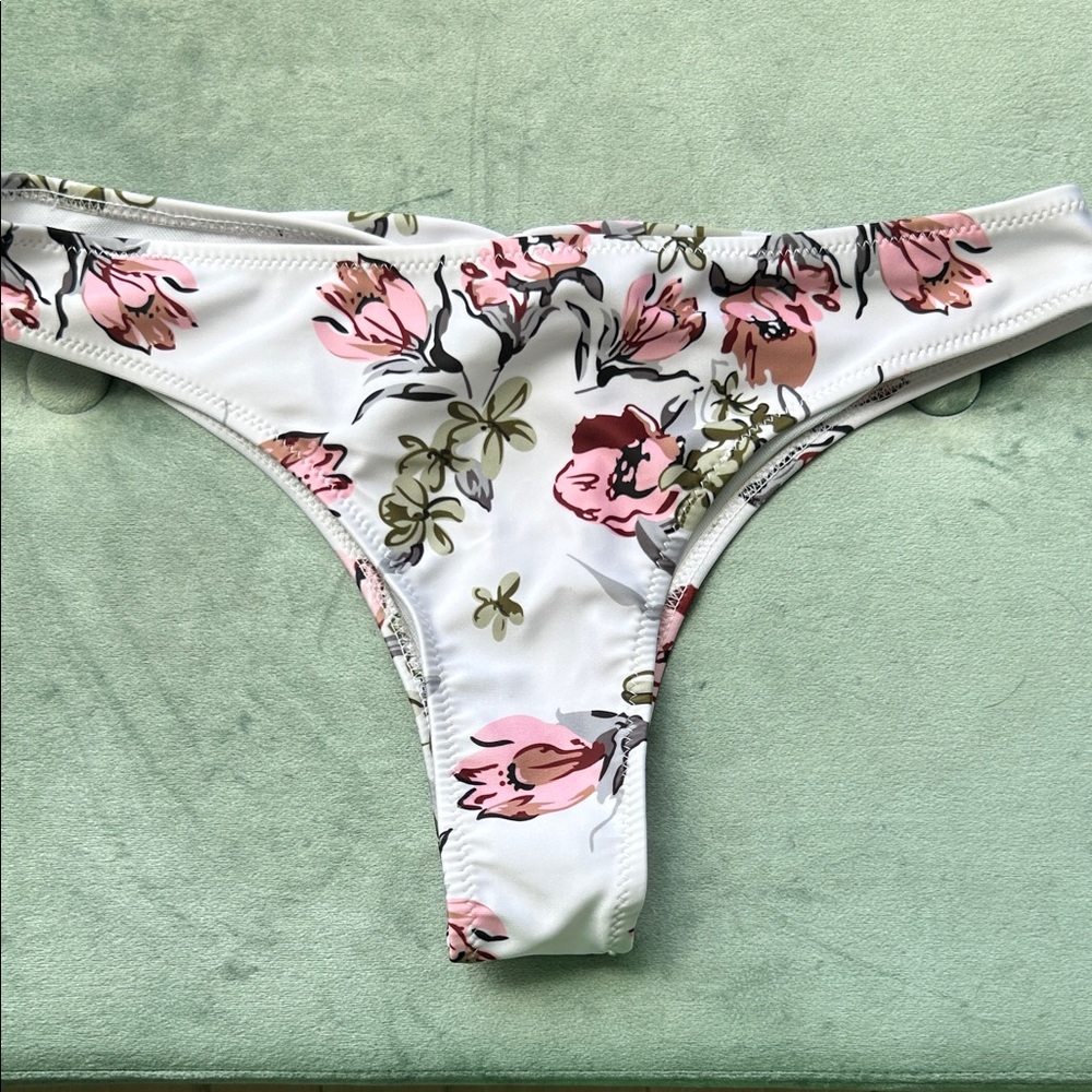White Floral Bikini Bottoms - Pink & Olive Print